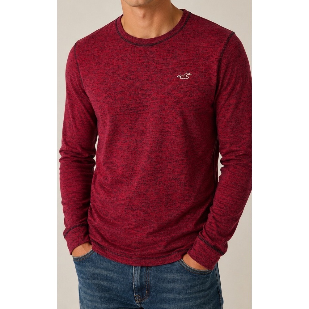 Hollister Mens Long Sleeve Space Dye Crewneck Shirt Burgundy Red Size M